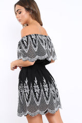 Black Embroidered Bardot Dress - Lottie-Dresses