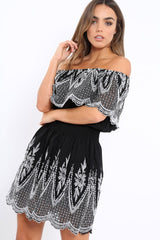 Black Embroidered Bardot Dress - Lottie-Dresses