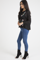 Black Embroidered Bell Sleeve Blouse - Felicia-Blouses