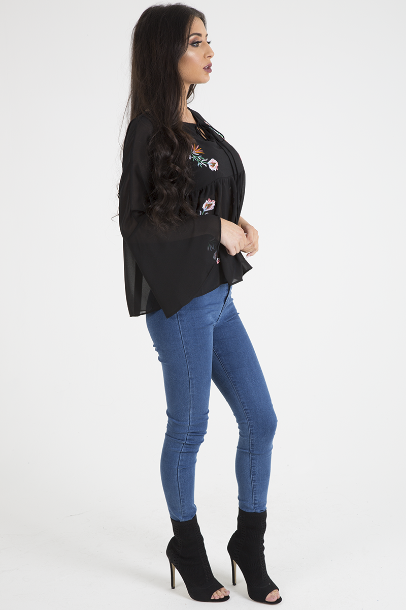 Black Embroidered Bell Sleeve Blouse - Felicia-Blouses