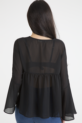 Black Embroidered Bell Sleeve Blouse - Felicia-Blouses