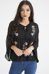 Black Embroidered Bell Sleeve Blouse - Felicia-Blouses