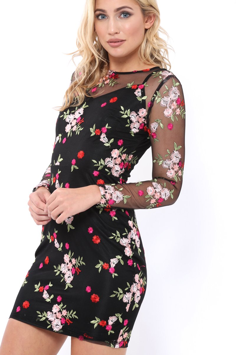 Black Embroidered Body Con with Sheer Sleeves - Fleur-Dresses