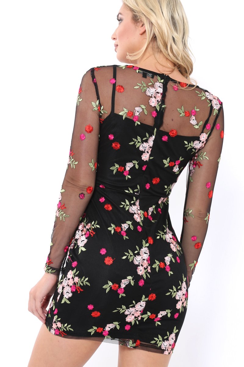 Black Embroidered Body Con with Sheer Sleeves - Fleur-Dresses
