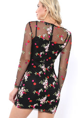 Black Embroidered Body Con with Sheer Sleeves - Fleur-Dresses