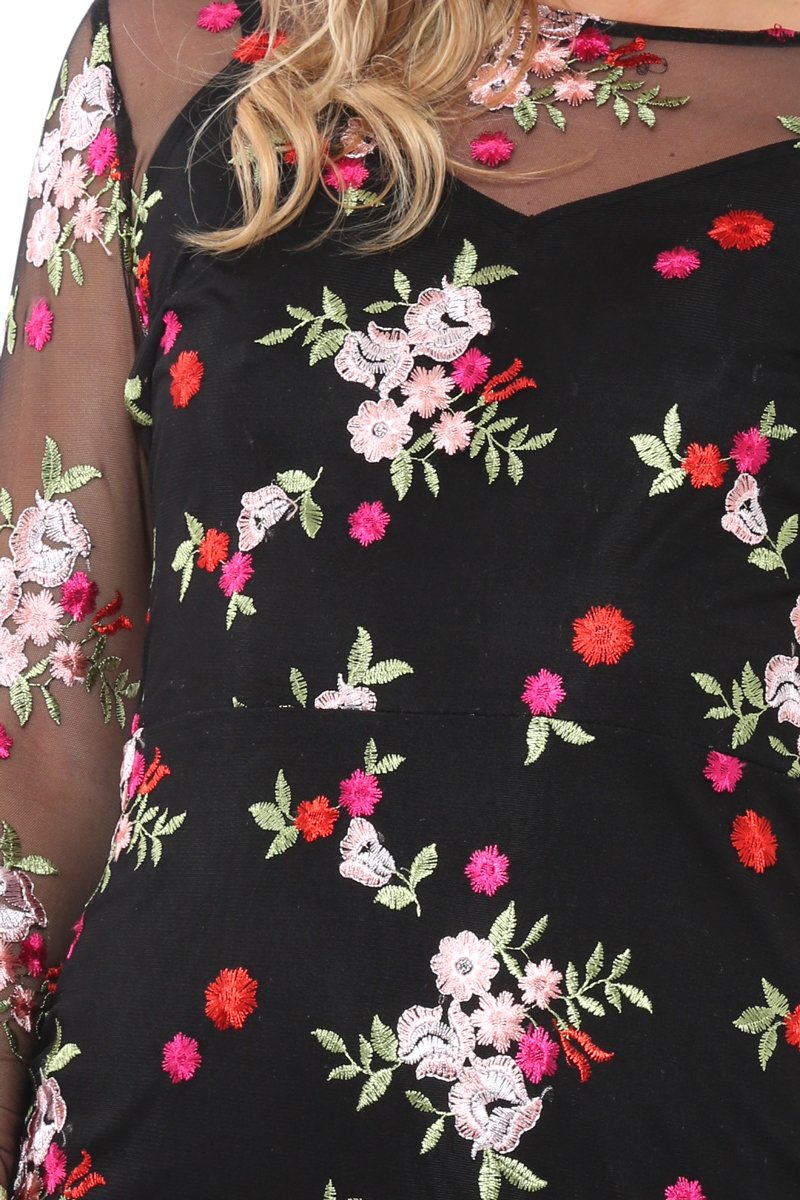Black Embroidered Body Con with Sheer Sleeves - Fleur-Dresses