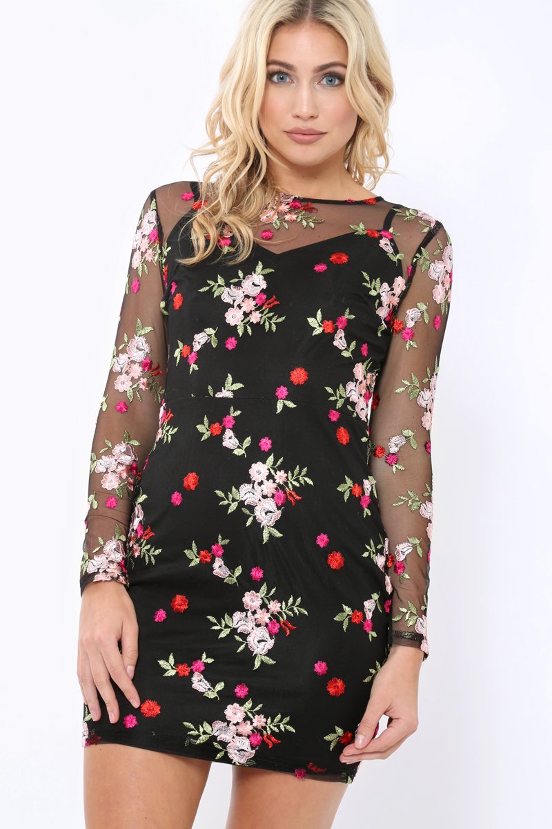 Black Embroidered Body Con with Sheer Sleeves - Fleur-Dresses