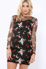 Black Embroidered Body Con with Sheer Sleeves - Fleur-Dresses