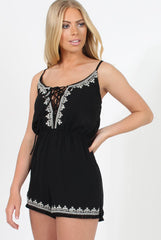 Black Embroidered Fringe Playsuit - Kinsley-Playsuits