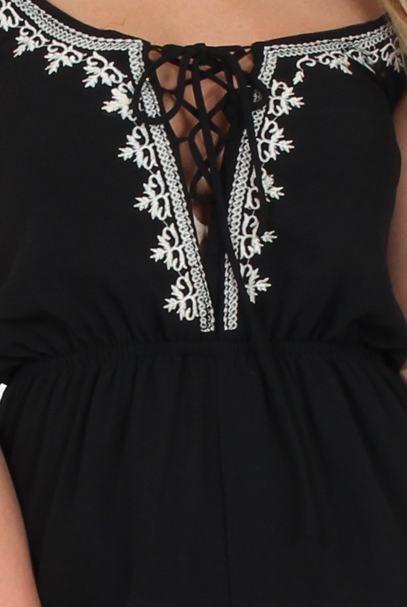 Black Embroidered Fringe Playsuit - Kinsley-Playsuits
