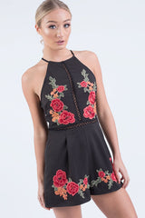 Black Embroidered High Neck Playsuit - Maya-Playsuits