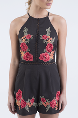 Black Embroidered High Neck Playsuit - Maya-Playsuits