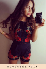 Black Embroidered High Neck Playsuit - Maya-Playsuits