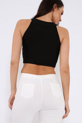 Black Embroidered Lace Up Crop Top - Loree-Tops