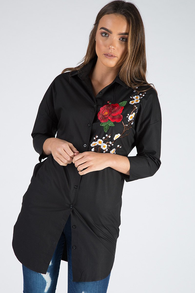 Black Embroidered Oversized Shirt - Kate-Shirts