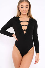 Black Embroidered Print Bodysuit - Addilee-Bodysuits
