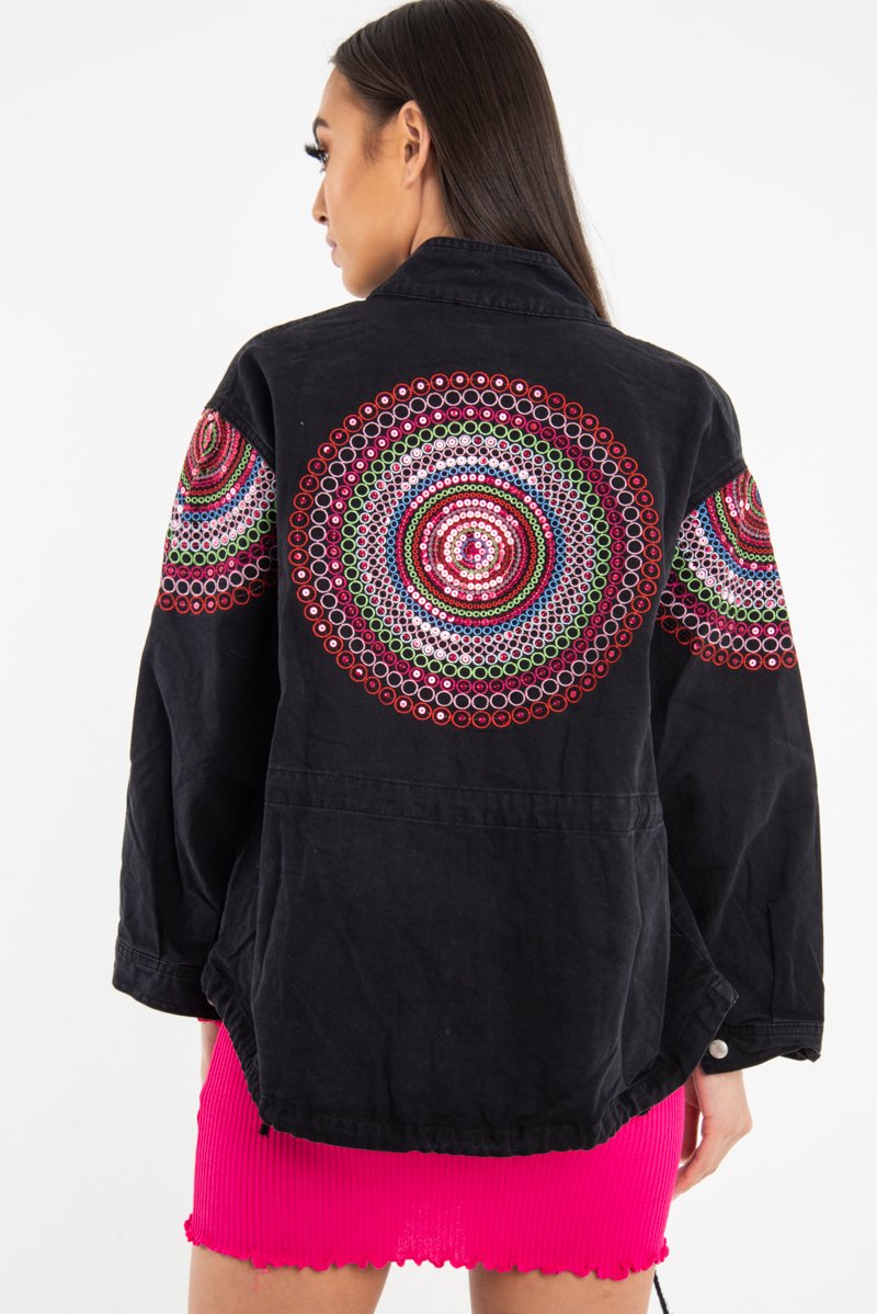 Black Embroidered Sequin Parka Denim Jacket - Laicee-Jackets