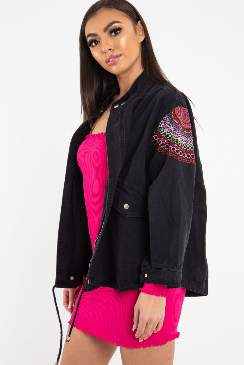 Black Embroidered Sequin Parka Denim Jacket - Laicee-Jackets