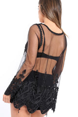 Black Embroidered Sheer Mesh Top - Cher-Tops