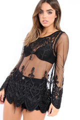 Black Embroidered Sheer Mesh Top - Cher-Tops
