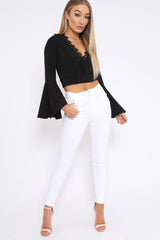 Black Extreme Flared Sleeved Embroidery Crop Top - Talisa-Tops