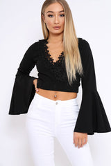 Black Extreme Flared Sleeved Embroidery Crop Top - Talisa-Tops