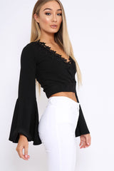 Black Extreme Flared Sleeved Embroidery Crop Top - Talisa-Tops