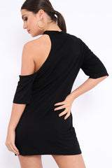 Black Extreme One Shoulder Cut Out T-shirt Dress - Henlie-Dresses