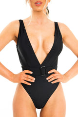 Black Extreme Plunge Belted Swimsuit - Elvi-Swimsuits
