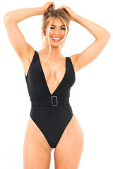 Black Extreme Plunge Belted Swimsuit - Elvi-Swimsuits