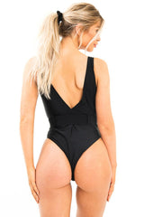 Black Extreme Plunge Belted Swimsuit - Elvi-Swimsuits
