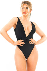 Black Extreme Plunge Belted Swimsuit - Elvi-Swimsuits