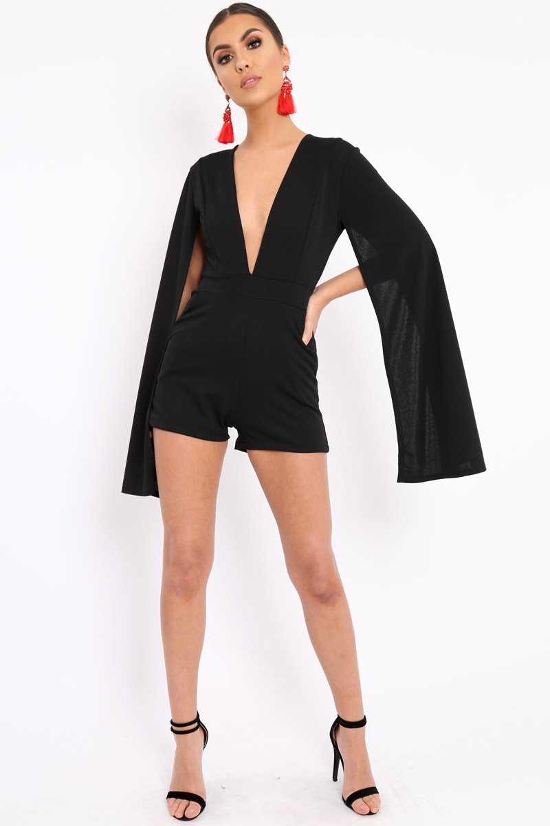 Black Extreme Plunge Cape Playsuit - Haylo-Playsuits