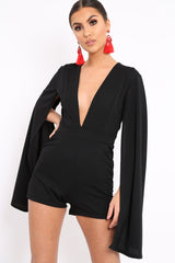 Black Extreme Plunge Cape Playsuit - Haylo-Playsuits
