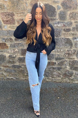 Black Extreme Plunge Structured Peplum Pleated Top - Ivy-Tops