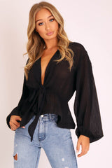 Black Extreme Plunge Structured Peplum Pleated Top - Ivy-Tops