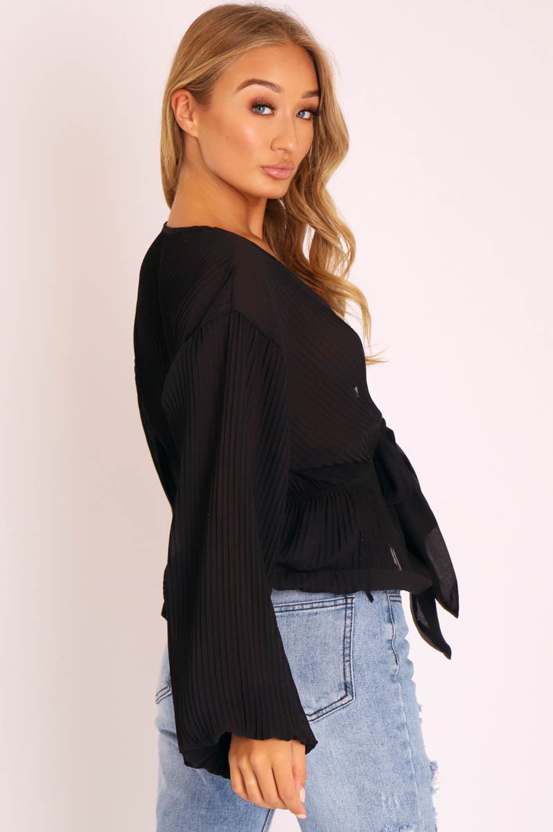 Black Extreme Plunge Structured Peplum Pleated Top - Ivy-Tops