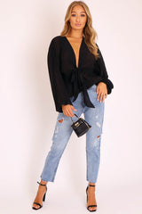 Black Extreme Plunge Structured Peplum Pleated Top - Ivy-Tops