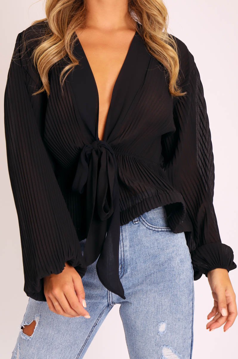 Black Extreme Plunge Structured Peplum Pleated Top - Ivy-Tops