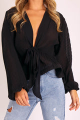 Black Extreme Plunge Structured Peplum Pleated Top - Ivy-Tops