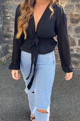 Black Extreme Plunge Structured Peplum Pleated Top - Ivy-Tops