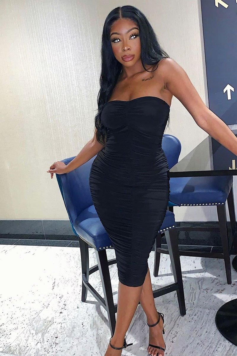 Black Extreme Ruched Slinky Midi Dress - Kaja-Dresses