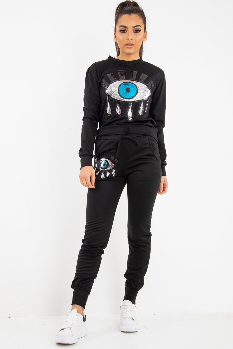 Black Eye Detail Sequin Embellished Tracksuit - Kyana-Tracksuits