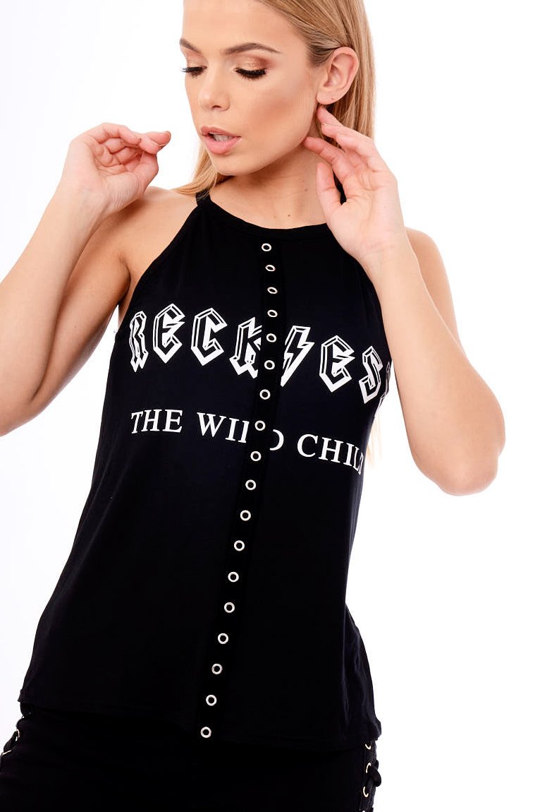 Black Eyelet Detail 'Reckless' Slogan Strappy Top - Lori-Tops