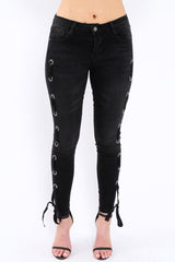 Black Eyelet Lace Detail Skinny Jeans - Isobel-Jeans