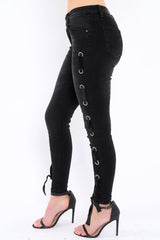 Black Eyelet Lace Detail Skinny Jeans - Isobel-Jeans
