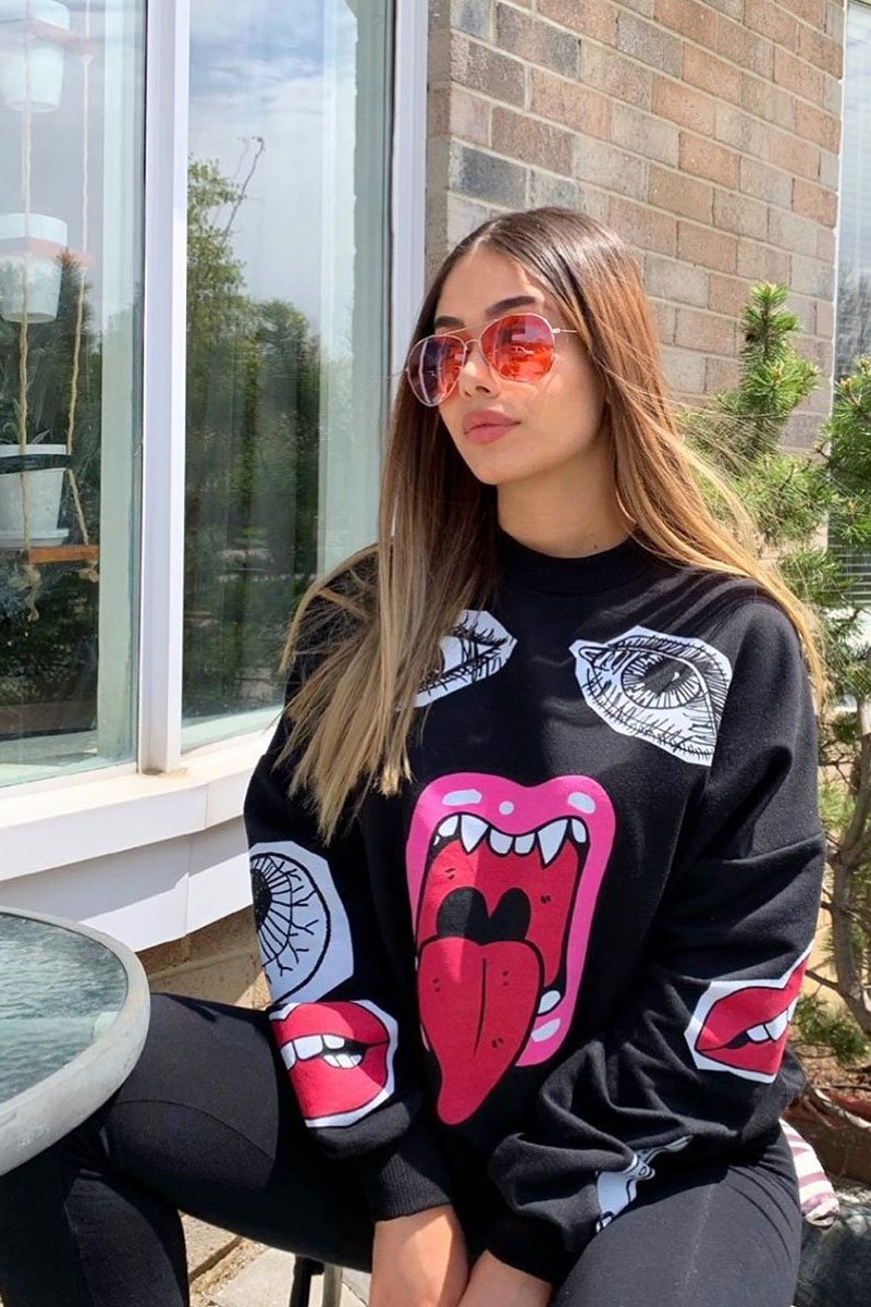 Black Eyes Lips Printed Sweatshirt - Beckie-Sweatshirts