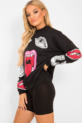 Black Eyes Lips Printed Sweatshirt - Beckie-Sweatshirts