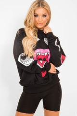Black Eyes Lips Printed Sweatshirt - Beckie-Sweatshirts