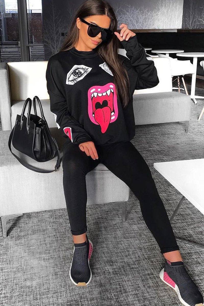Black Eyes Lips Printed Sweatshirt - Beckie-Sweatshirts